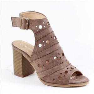 Stacked chunky Heel laser cut Taupe sandals